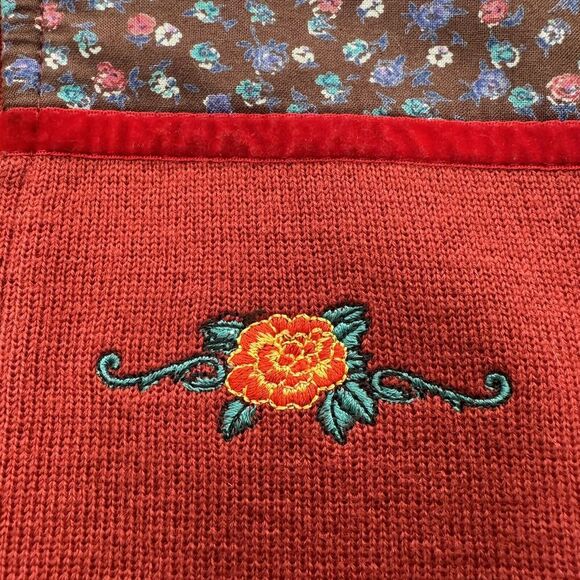 Vintage 80s Womens Mock Neck Sweater Small Rust Micro Floral Embroidered Fall - Picture 7 of 16